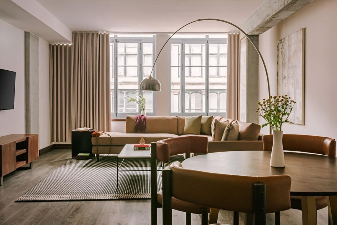 Interior view of Nester Finn Brésoles apartment showcasing restored heritage architecture with modern design