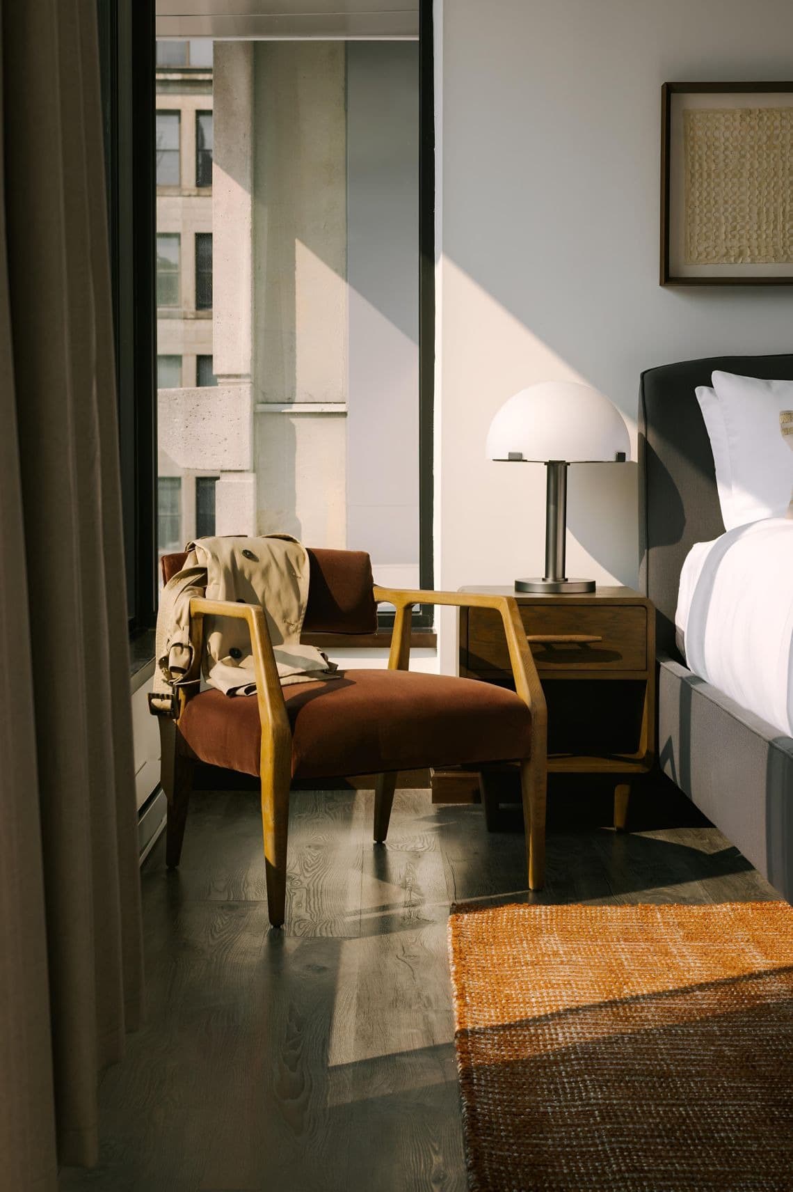 Apartment interior at Nester Finn Brésoles with contemporary furnishings and views of Old Montréal