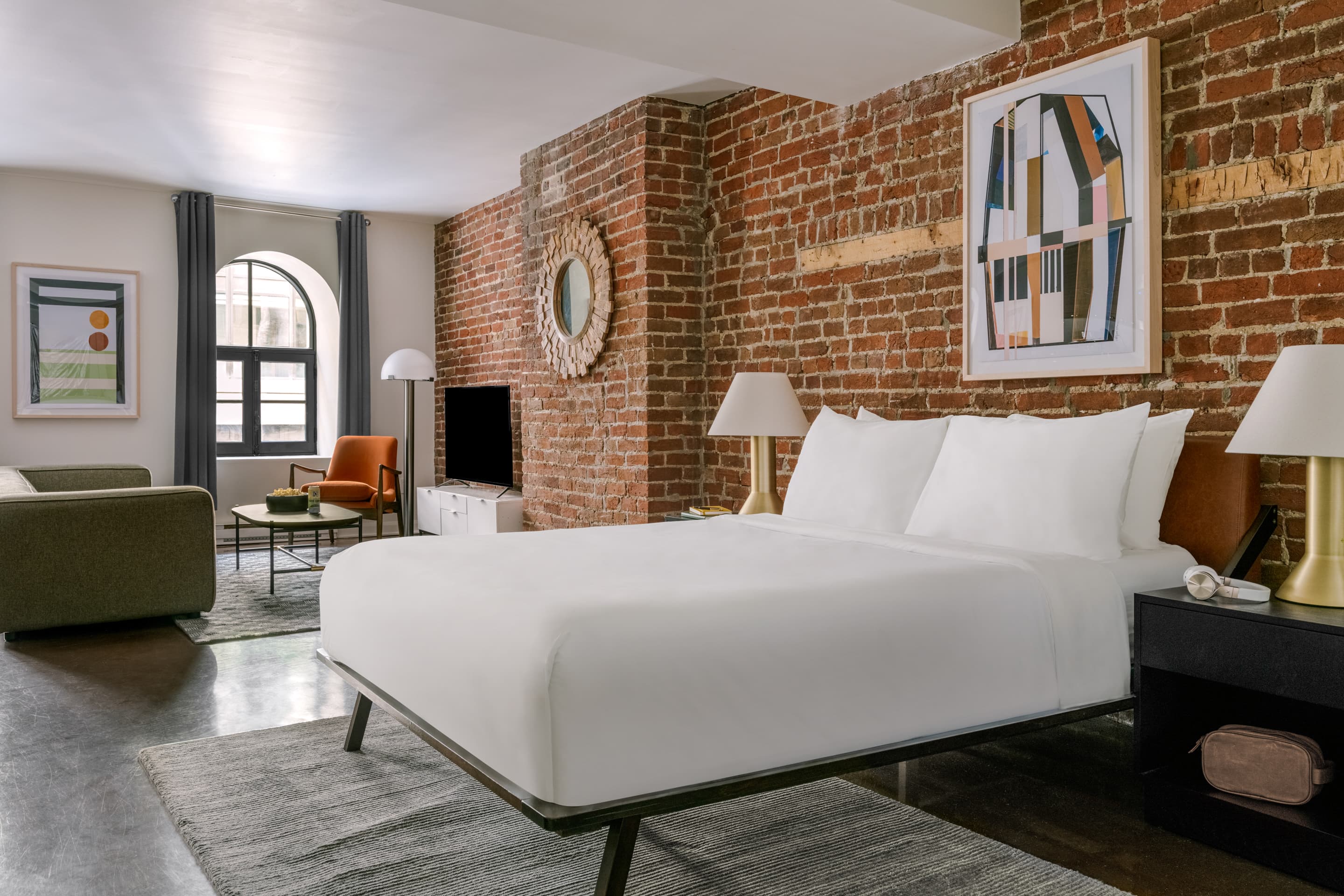 Spacious apartment living room with contemporary furnishings at Nester Finn Square Victoria