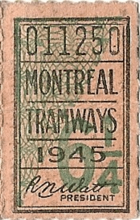 1945 Montreal Tramways ticket numbered 011250