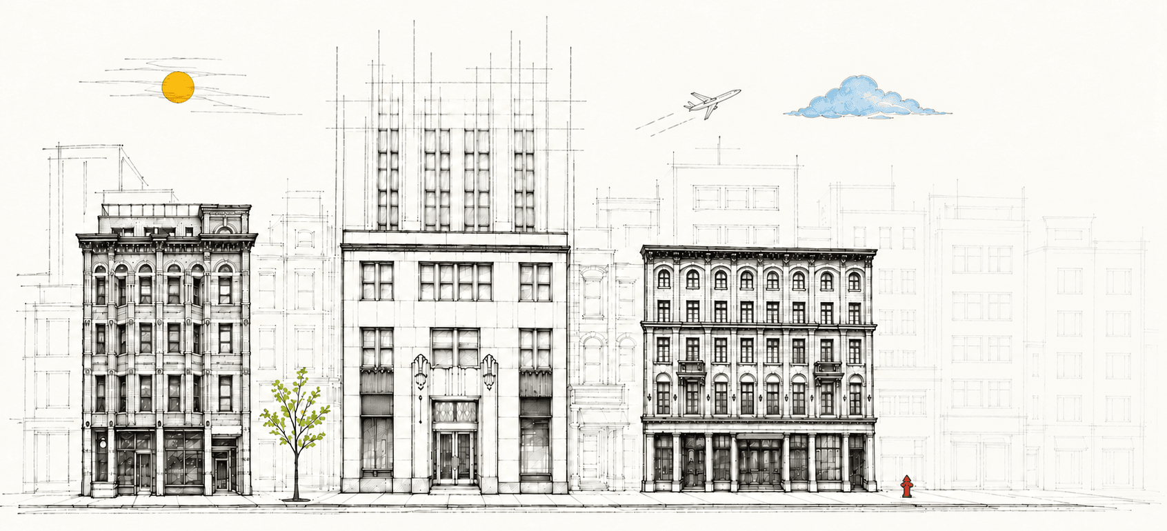 Hand-drawn architectural sketches of heritage and modern buildings in a cityscape, with a yellow sun, airplane, blue cloud, green tree, and red fire hydrant